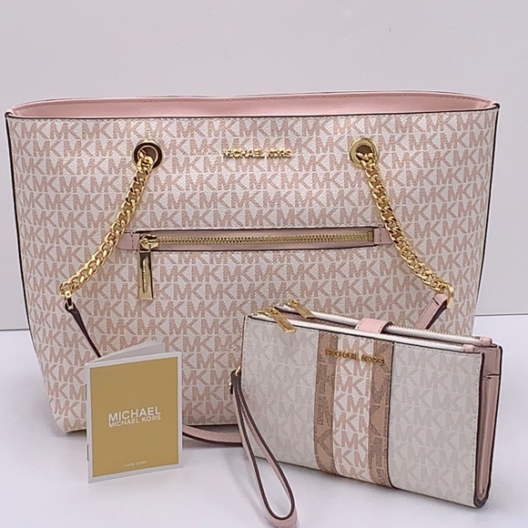 Michael Kors Handbags - MICHAEL KORS Medium Zip Front Logo Chain Tote Bag & LARGE DOUBLE ZIP WRISTLET